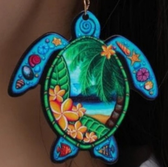 Tropical Turtle Dangle Earrings Resin Acrylic Stainless Steel Earwires NEW - Picture 2 of 7